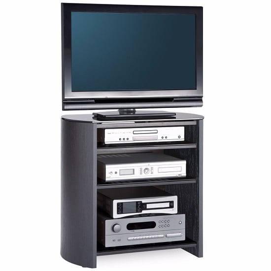 Photo of Flare tall black glass tv stand with black oak wooden base