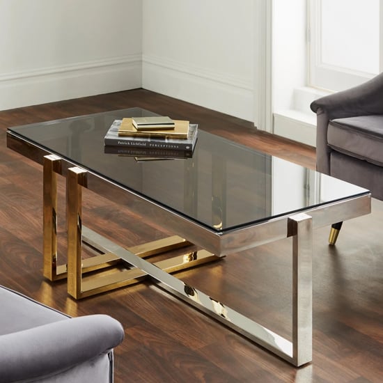 Product photograph of Troy Grey Glass Top Coffee Table With Gold And Silver Frame from Furniture in Fashion