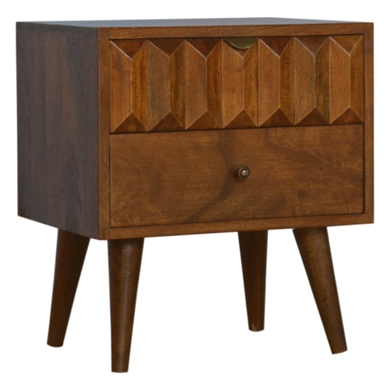 Photo of Tufa wooden prism carved bedside cabinet in chestnut 2 drawers