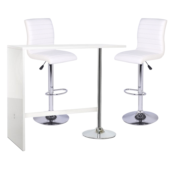 Photo of Tuscon bar table in white gloss with 2 ripple white bar stools