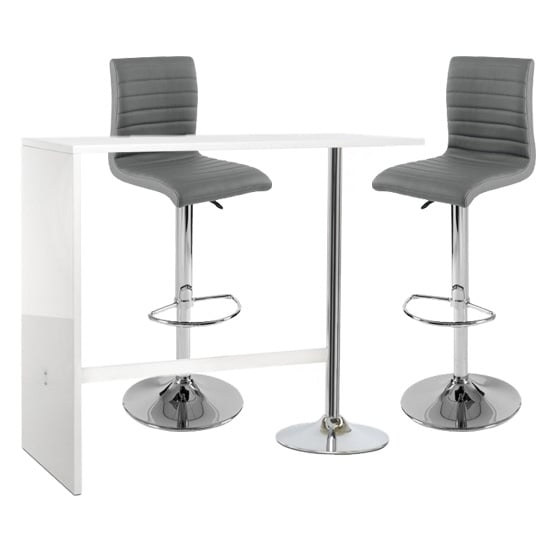 Photo of Tuscon bar table in white gloss with 2 ripple grey bar stools