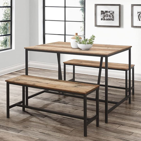Photo of Urban wooden dining table in rustic with 2 benches