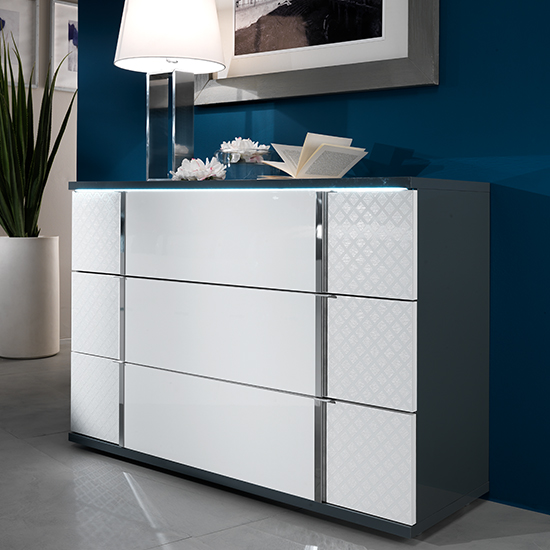 Product photograph of Urbino Led Chest Of Drawers In Gray And White With 3 Drawers from Furniture in Fashion