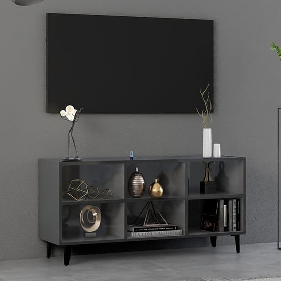 Product photograph of Usra High Gloss Tv Stand In Grey With Black Metal Legs from Furniture in Fashion