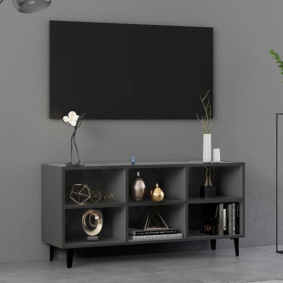 Product photograph of Usra Wooden Tv Stand In Grey With Black Metal Legs from Furniture in Fashion