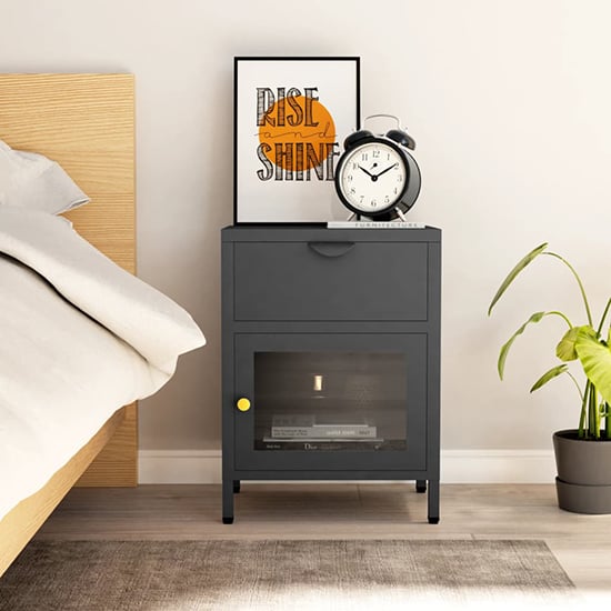 Product photograph of Utara Steel Bedside Cabinet With 1 Door 1 Drawer In Anthracite from Furniture in Fashion