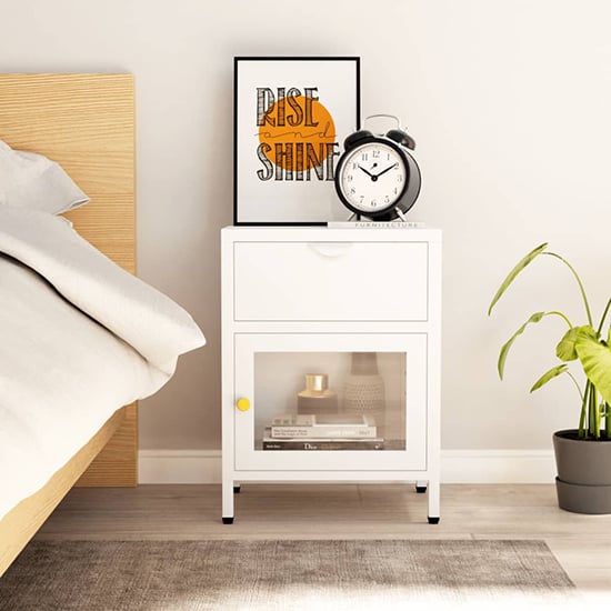 Product photograph of Utara Steel Bedside Cabinet With 1 Door 1 Drawer In White from Furniture in Fashion