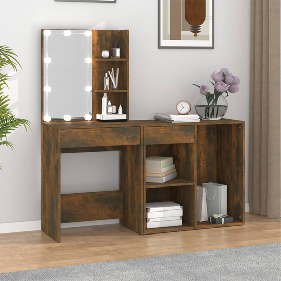 Product photograph of Vachel Wooden Dressing Table In Smoked Oak With Led Lights from Furniture in Fashion