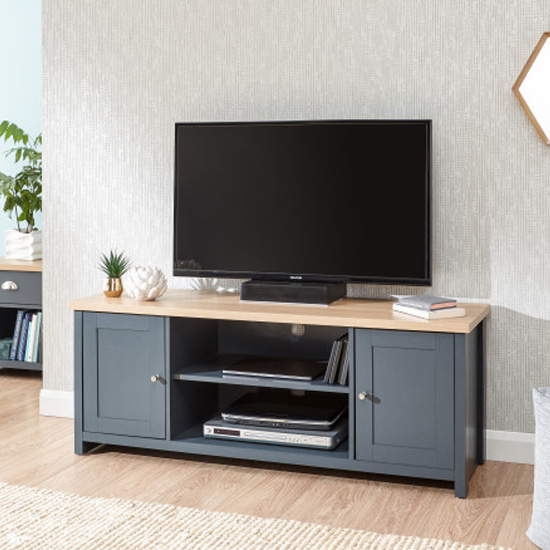Read more about Loftus large wooden tv stand in slate blue and oak