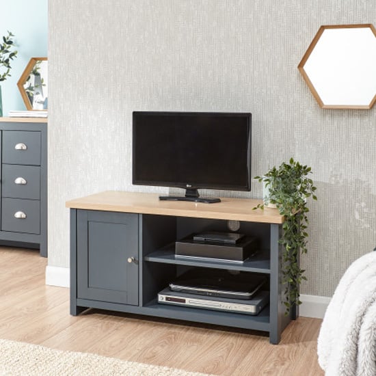 Read more about Loftus wooden 1 door small tv stand in slate blue and oak