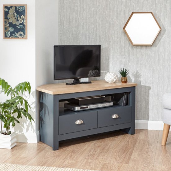 Read more about Loftus wooden 2 drawers corner tv stand in slate blue and oak