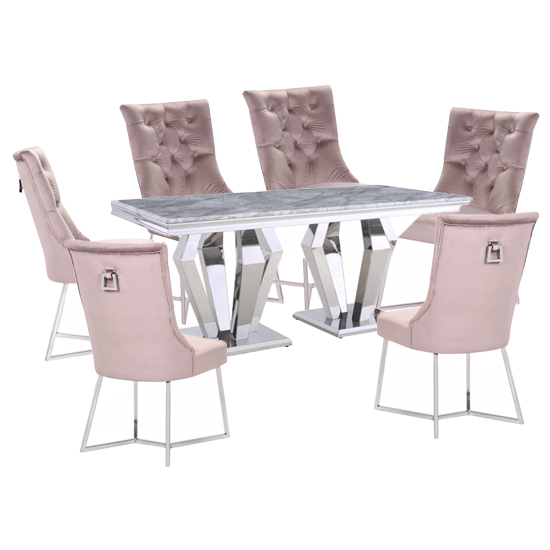 Valentino Grey Marble Dining Set With 6 Taupe Bari Chairs Furniture In Fashion 1466