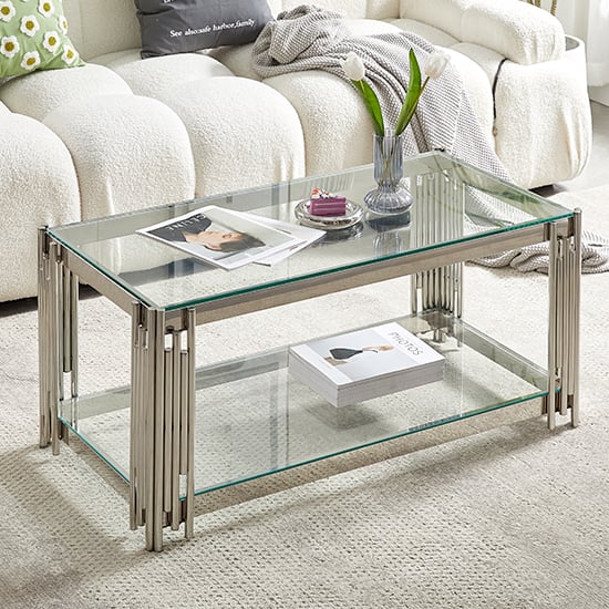 Product photograph of Vasari Clear Glass Coffee Table With Stainless Steel Frame from Furniture in Fashion