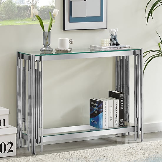 Product photograph of Vasari Clear Glass Console Table With Stainless Steel Frame from Furniture in Fashion