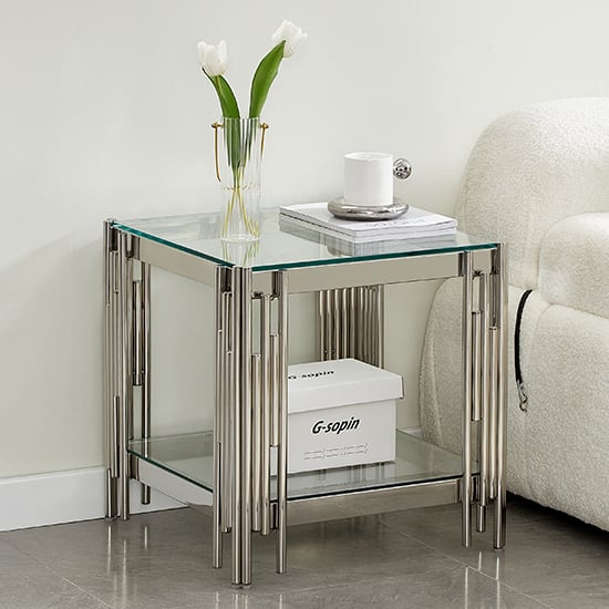 Read more about Vasari clear glass lamp table with stainless steel frame
