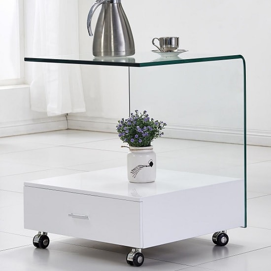 Read more about Carlota clear glass lamp table with white high gloss drawer