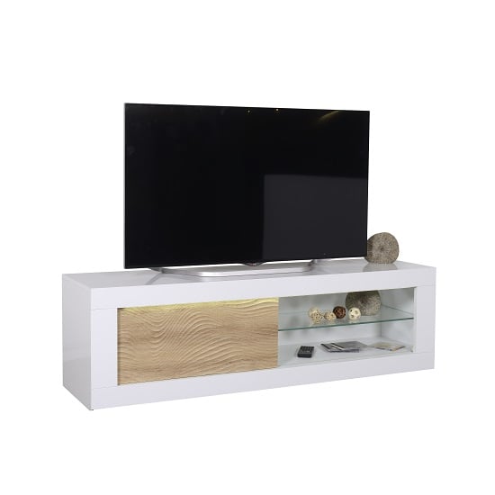 Read more about Metz wooden tv stand in white high gloss and oak with lighting