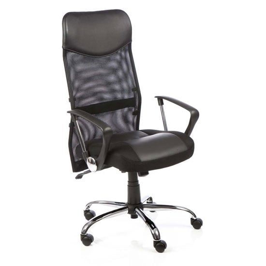 Photo of Vegas mesh office chair in black with leather seat and headrest