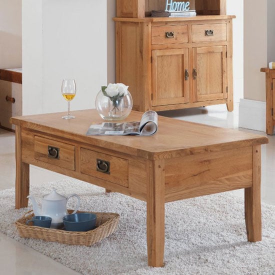 Photo of Velum wooden large coffee table in chunky solid oak with drawers