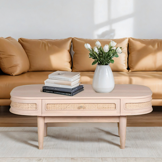 Product photograph of Venice Cane And Mango Wood Coffee Table 1 Drawer In Natural from Furniture in Fashion