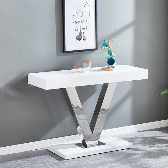 Photo of Vera high gloss console table in white with chrome supports