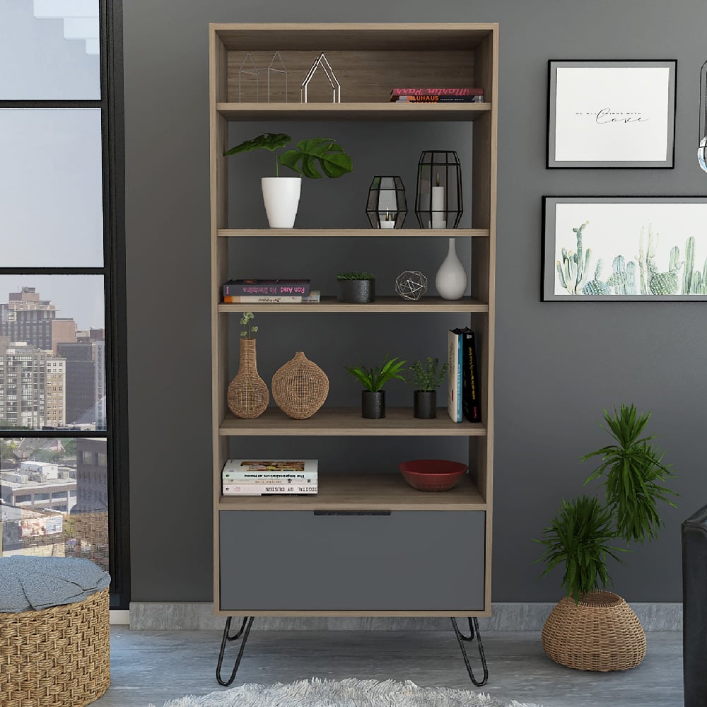 veritate wooden bookcase with 1 drawer in oak and grey