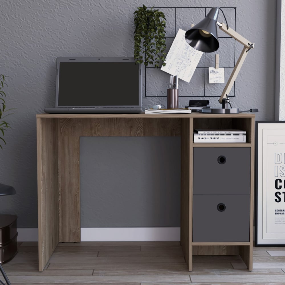 veritate wooden laptop desk with 2 drawers in oak and grey