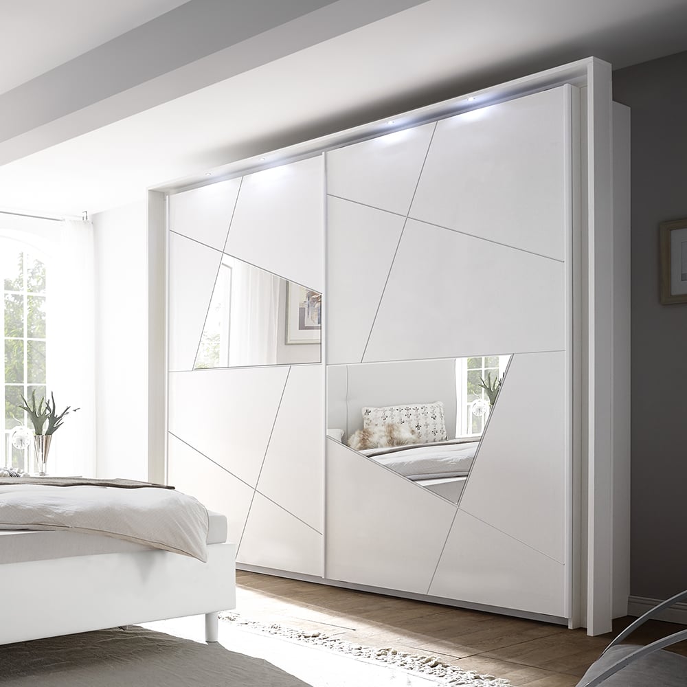 victoria wooden wardrobe with mirror in matt white and led