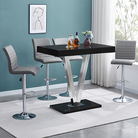 Product photograph of Vienna Black High Gloss Bar Table With 4 Ripple Grey Stools from Furniture in Fashion