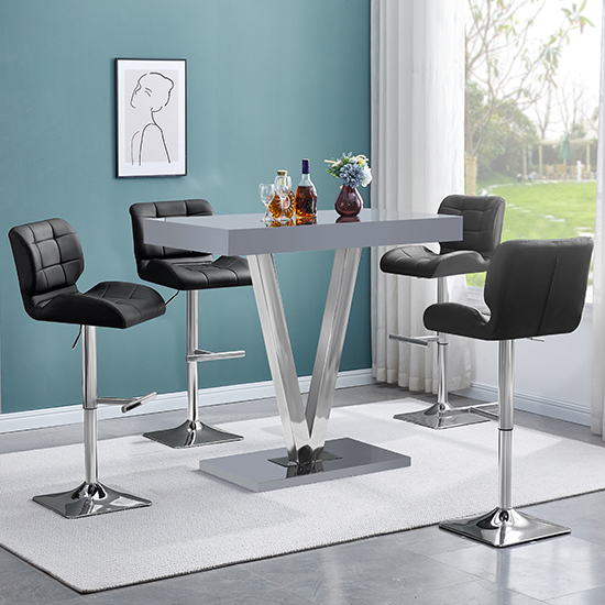 Product photograph of Vienna Grey High Gloss Bar Table With 4 Candid Black Stools from Furniture in Fashion