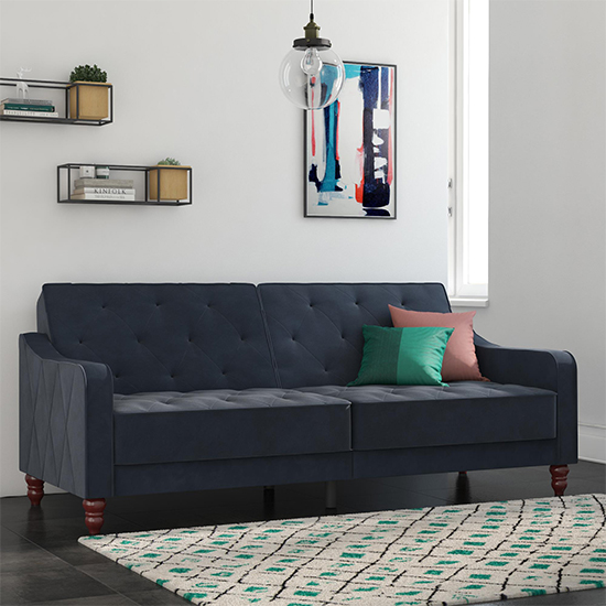 Product photograph of Vincenzo Tufted Futon Velvet Sofa Bed In Blue from Furniture in Fashion