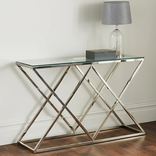 Product photograph of Visalia Clear Glass Top Console Table With Silver Frame from Furniture in Fashion