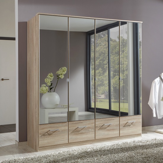 Read more about Vista mirrored wardrobe large in oak effectand 4 doors 4 drawers