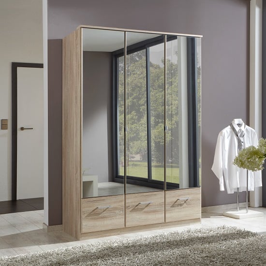 Read more about Vista mirrored wardrobe in oak effect with 3 doors and 3 drawers