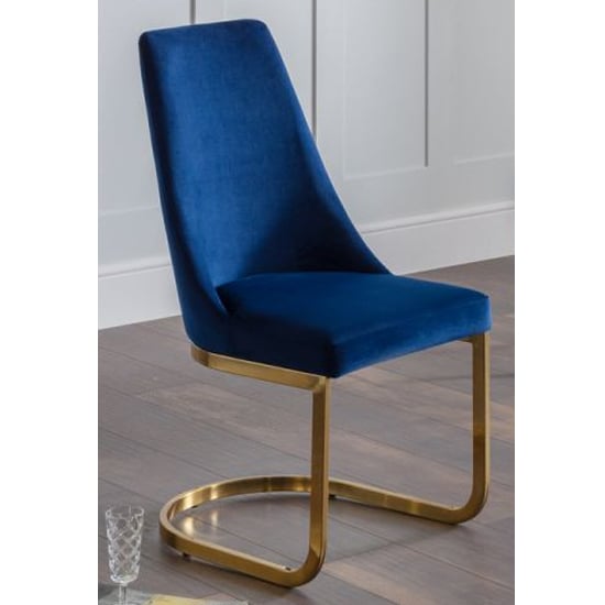 Product photograph of Vangie Velvet Cantilever Dining Chair In Blue With Gold Base from Furniture in Fashion
