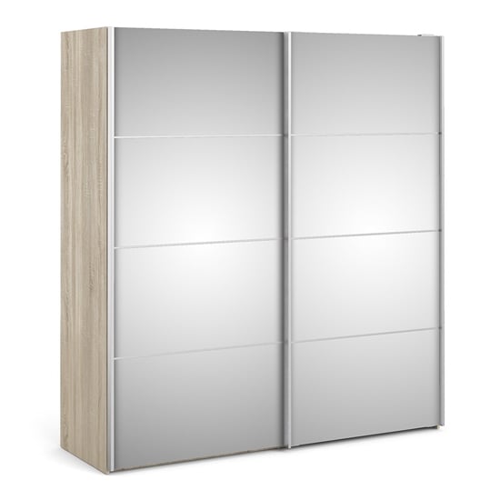 Read more about Vrok mirrored sliding doors wardrobe in oak with 5 shelves