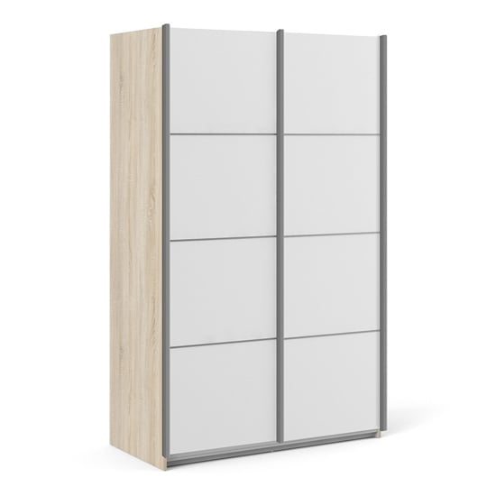 Read more about Vrok wooden sliding doors wardrobe in oak white with 2 shelves