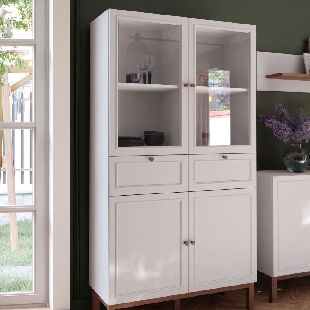 Product photograph of Waldorf Wooden Display Cabinet With 2 Drawers In Light Grey Oak from Furniture in Fashion