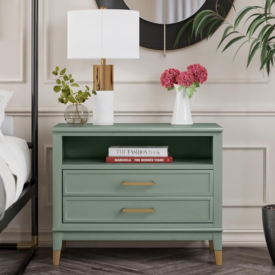 waller wooden bedside cabinet wide with 2 drawers in pale green