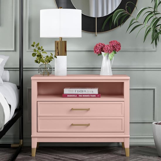 waller wooden bedside cabinet wide with 2 drawers in pale pink