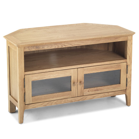 View Wardle wooden corner tv unit in crafted solid oak with 2 doors