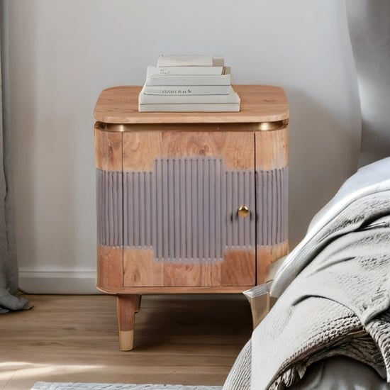 Product photograph of Wayne Acacia Wood Bedside Cabinet 1 Door In Natural And Grey from Furniture in Fashion