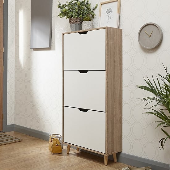 Webster Wooden Shoe Cabinet In White And Oak With 3 Doors | Furniture ...