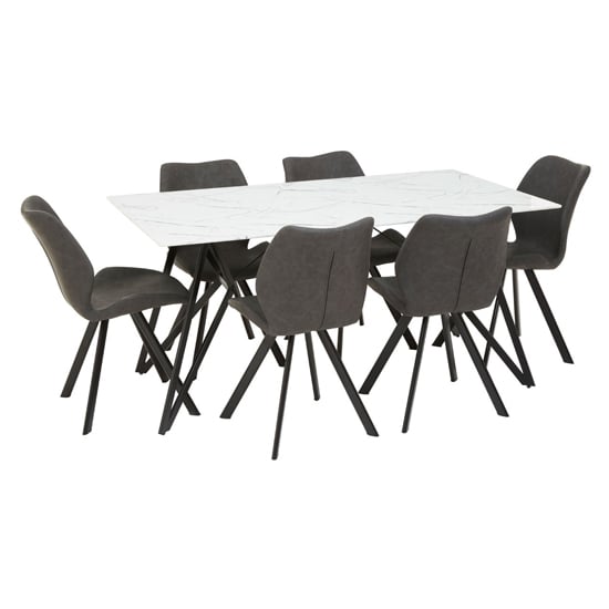 Read more about Wesko glass top dining table in white with 6 grey leather chairs
