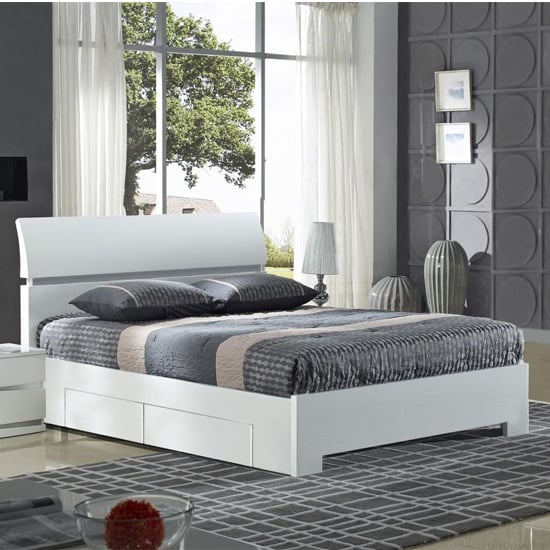 Photo of Walvia wooden king size bed in white high gloss with 4 drawers