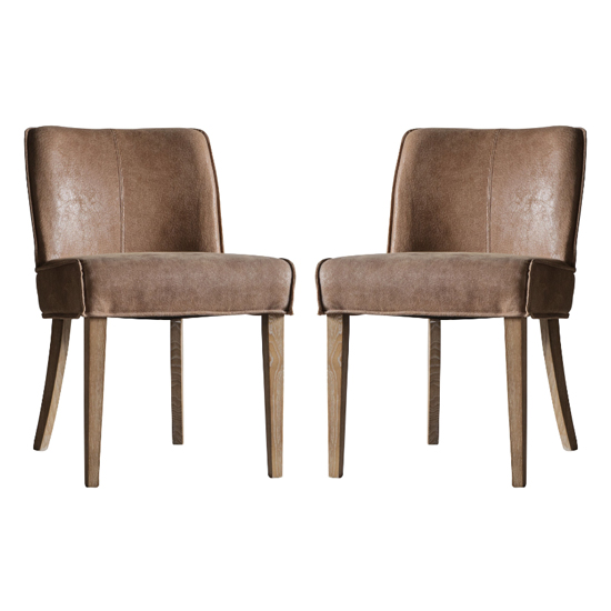Photo of Worland brown fabric and leather dining chairs in pair