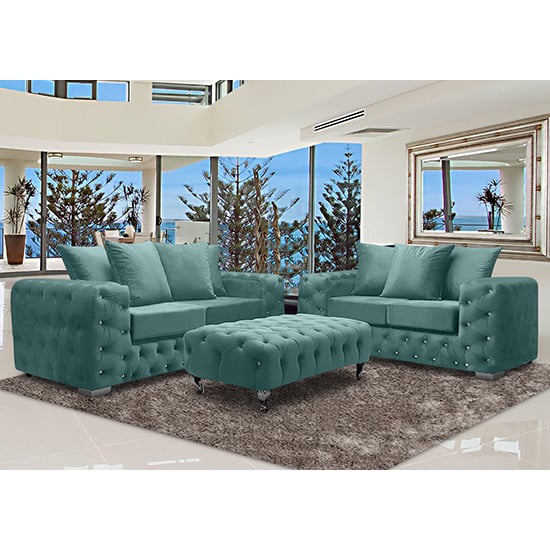 Photo of Worley velour fabric 2 seater and 3 seater sofa in seaspray