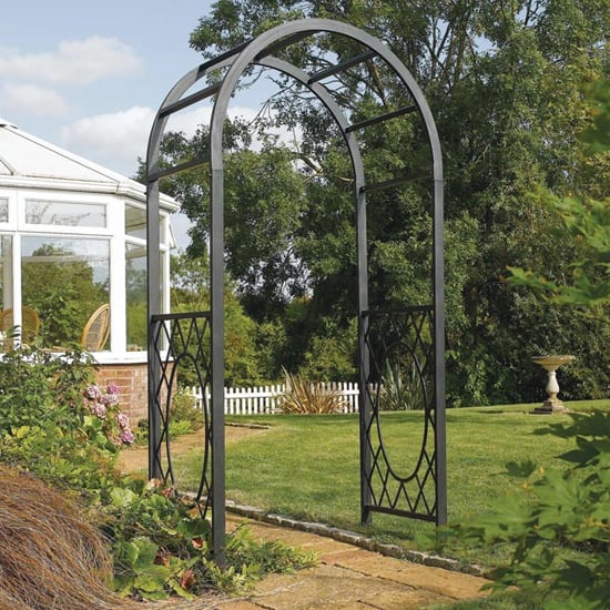 Product photograph of Worsley Metal Round Top Arch In Gunmetal Grey from Furniture in Fashion