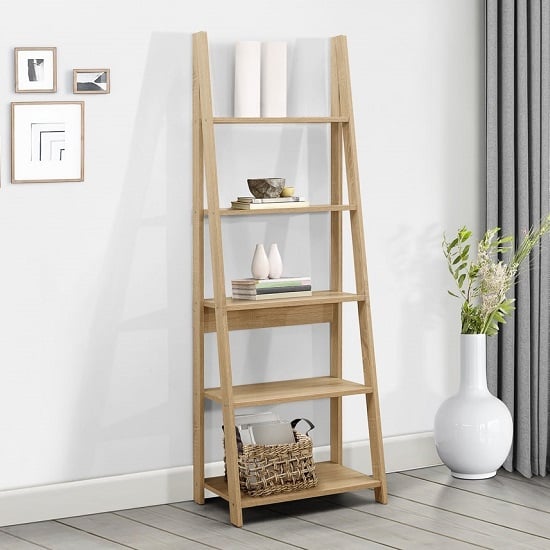 Yoder Wooden Ladder Bookcase In Oak With 5 Shelves Furniture In