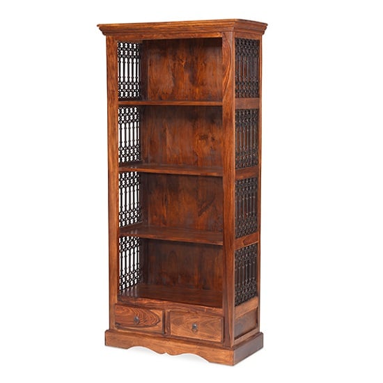 Read more about Zander wooden bookcase in sheesham hardwood with 2 drawers